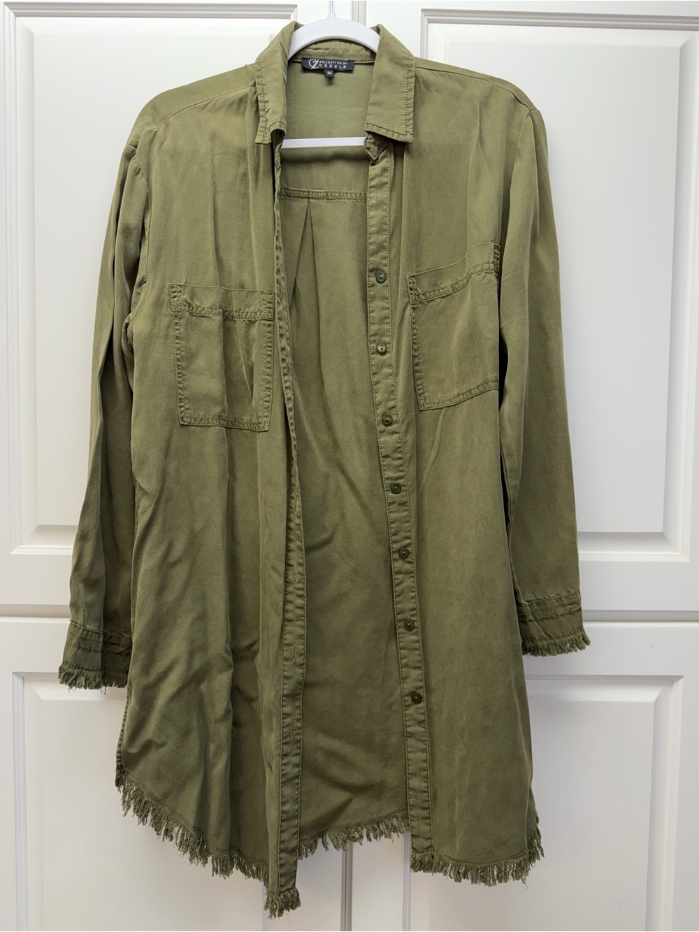 Long Olive Utility Shirt Jacket with Frayed Trim